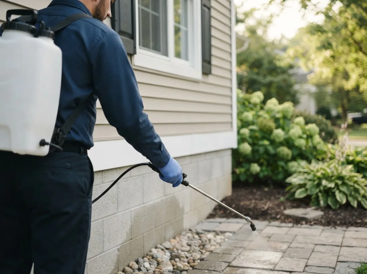 Pest control technician inspecting a home in Ola, AR